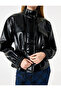 Drawstring Long Sleeve Stand Collar Leather Look Jacket with Pockets - 5