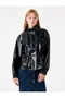 Drawstring Long Sleeve Stand Collar Leather Look Jacket with Pockets - 2