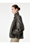 Zippered Stand Collar Long Sleeve Oversize Faux Leather Jacket with Pockets - 3
