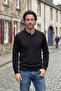 Men's Polo Collar Black Sweater with Cotton Shoulder Stripe Detail, Steel Knit Classic Pattern - 5242F - 5