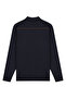Men's Polo Collar Navy Blue Sweater with Cotton Shoulder Stripe Detail, Steel Knit Classic Pattern - 5242F - 6