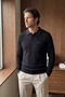 Men's Polo Collar Black Sweater Rice Patterned Cotton Knitwear Steel Knit Classic Pattern - 5410F - 5