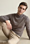 Men's Half Fisherman Shoulder Stripe Detailed Cotton Brown Sweater Steel Knit Classic Pattern - 5401B - 5