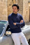 Men's Half Fisherman Navy Blue Sweater Slim Ribbed Patterned Classic Fit - 5411B