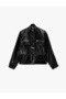 Drawstring Long Sleeve Stand Collar Leather Look Jacket with Pockets - 6