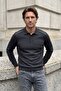 Men's Polo Collar Smoked Sweater with Cotton Shoulder Stripe Detail, Steel Knit Classic Pattern - 5242F