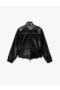 Drawstring Long Sleeve Stand Collar Leather Look Jacket with Pockets - 7