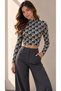 Women's Black Paris Patterned High Neck Long Sleeve Cropped Blouse - 7