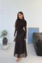 Women's Brown High Neck Tulle Evening Dress with Ruffle Detail and Long Sleeves - 3