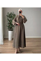 Khaki Fabric Belted Long Sleeve Long Dress