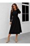 Women's Long Sleeve Crew Neck Belted Waist Midi Waffle Dress - 2
