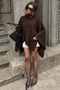 Brown High-Neck Asymmetrical Cut Women's Poncho Mg2901