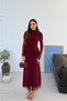 Women's Burgundy High Neck Tulle Evening Dress with Ruffle Detail and Long Sleeves
