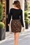 Women's Square Neck Brown Leopard Print Long Sleeve Waist Tie Mini Viscose Dress - 4