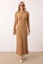 Crew Neck Thick Ribbed Long Knit Dress Kamel 9363-E - 7