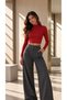Women's Red High Neck Long Sleeve Cropped Blouse - 5