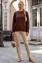 Brown Round Neck Ruffle Sleeve Ribbed Hem Tulle Stripe Knitwear Sweater 67 60 - 6