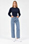 Navy Blue Crew Neck Long Sleeve Crop Blouse - 2