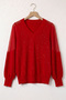Red V-Neck Balloon Sleeve Thin Sequined Sleeve Tulle Windowed Casual Knitwear Sweater 66 60 - 2