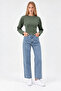 Khaki Crew Neck Long Sleeve Crop Blouse - 2
