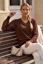 Brown V-Neck Pleated Balloon Sleeve Thin Sequined Collar Beaded Casual Knitwear Sweater 70 60 - 3