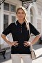 Black Polo Neck Short Sleeve Buttoned Thin Sequined Casual Long Back Knitwear Sweater 60 58 - 3
