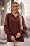 Brown V-Neck Balloon Sleeve Thin Sequined Sleeve Tulle Windowed Casual Knitwear Sweater 66 60 - 3
