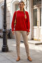 Red Round Neck Ruffled Sleeve Ribbed Hem Tulle Stripe Knitwear Sweater 67 60 - 5