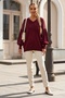 Burgundy V-Neck Balloon Sleeve Thin Sequined Sleeve Tulle Windowed Casual Knitwear Sweater 66 60 - 7