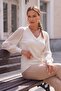 Ecru V-Neck Pleated Balloon Sleeves Thin Sequined Collar Beaded Casual Knitwear Sweater 70 60 - 3