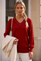 Red V-Neck Pleated Balloon Sleeve Thin Sequined Collar Beaded Casual Knitwear Sweater 70 60 - 3