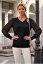 Black V-Neck Pleated Balloon Sleeve Thin Sequined Collar Beaded Casual Knitwear Sweater 70 60 - 5