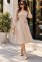 Women's Long Sleeve Lace Sleeve Detailed Belted A-Line Midi Waffle Dress - 5