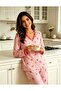 Women's Pink Floral Patterned Long Sleeve Buttoned Lace Detailed Pajama Set Comfortable Home Wear - 2