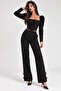 Special Piping Detailed Corset Blouse & High Waist Trousers Black Set - 5