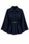 Belted Women's Wool Checked Poncho - Dark Blue
