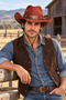 Unisex Suede Look Cowboy Hat with Metal Bull Figure, Wide Brim, Drawstring Western Hat - 5