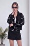 Women's Soft Design Jacket with Piping, Plush Textured Soft Black, Ecru - 2