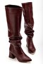 Zri̇nx-2002 Premium Burgundy Bellows Thick Heeled Women's Boots 7 cm
