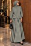 Women's Balloon Sleeve Lace Detailed Modal Tunic Skirt Hijab Double Set - 3