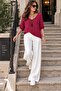 Women's V-Neck Three-Quarter Sleeve Loose Mercerized Knitwear Blouse with Pendant Detail - 2