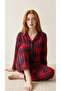 Red Plaid Patterned Suede Long Sleeve Front Buttoned Women's Pajama Set - 2