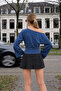Boat Neck Wide Sleeve Blue Women's Blouse - 2