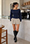 Women's Open Collar Spanish Sleeve Navy Blue Blouse - 4