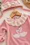 Baby girl 2-piece velvet romper set with hat, swan embroidery, lace collar, and snap closures - 0-3-6 months - 4