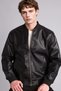 Y5367Azbk27 Black Waterproof Slim Fit College Collar Ribbed Zippered Faux Leather Bomber Coat
