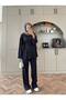 Black Crew Neck Side Tie Stone Hijab Tunic Elastic Waist Pants Two-Piece Set - 2