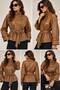Women's Premium Faux Leather Lined Stand Collar Belted Pocket Trench Coat Jacket - 5