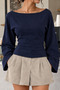 Women's Open Collar Spanish Sleeve Navy Blue Blouse - 5