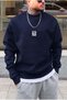 Men's Navy Blue Free Life Printed Thick Soft 3 Threaded 0 Zero Collar Oversize Casual Sweatshirt - 3